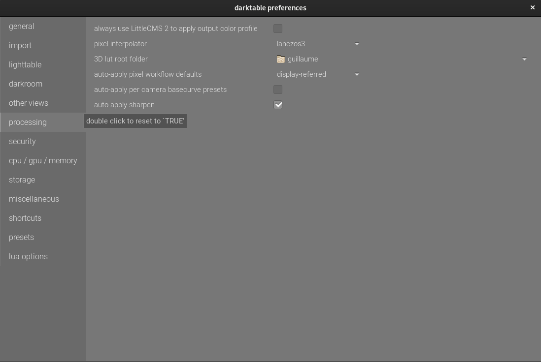 darktable v3.2 preferences, processing tab